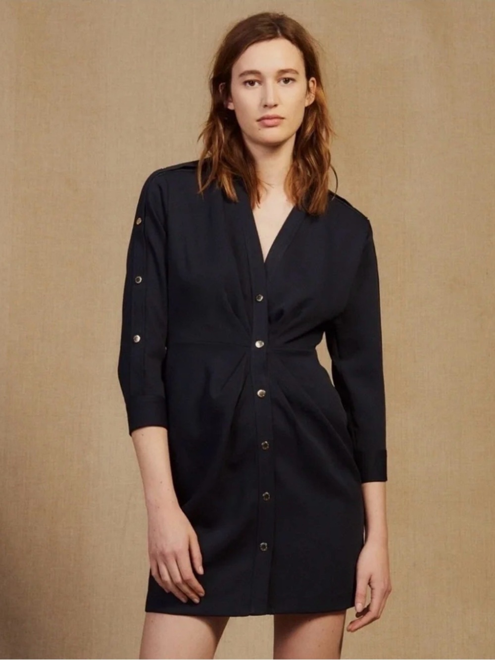 Sandro Karmelia Gold Snap Button Dress Size 38 Navy